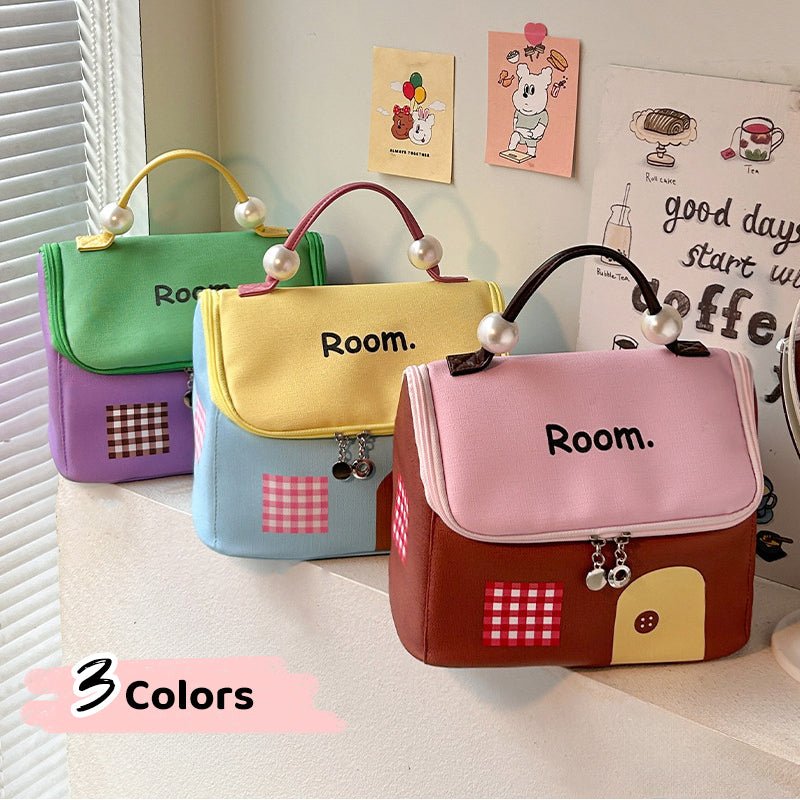 Large Capacity Color-Block Cartoon House-Shaped Handheld Cosmetic Bag - My Good Buys - Large Capacity Color-Block Cartoon House-Shaped Handheld Cosmetic Bag