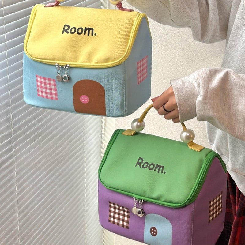Large Capacity Color-Block Cartoon House-Shaped Handheld Cosmetic Bag - My Good Buys - Large Capacity Color-Block Cartoon House-Shaped Handheld Cosmetic Bag
